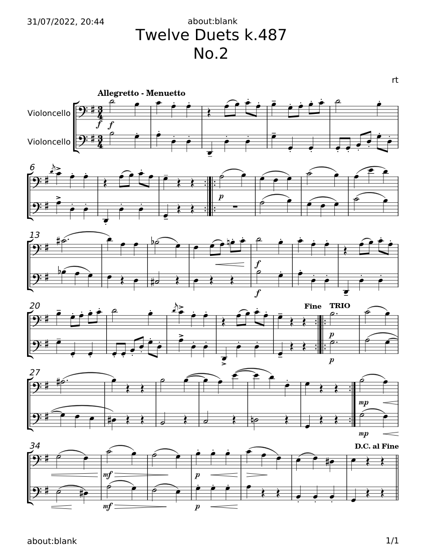 12 Horn Duos, K.487 - Wolfgang Amadeus Mozart Sheet Music for