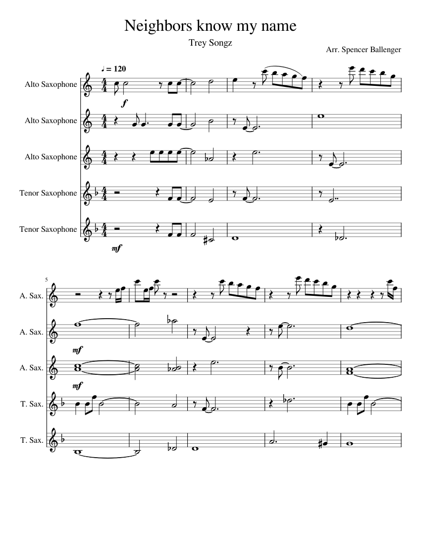 Neighbors know my name Sheet music for Saxophone alto, Saxophone tenor  (Saxophone Ensemble) | Musescore.com