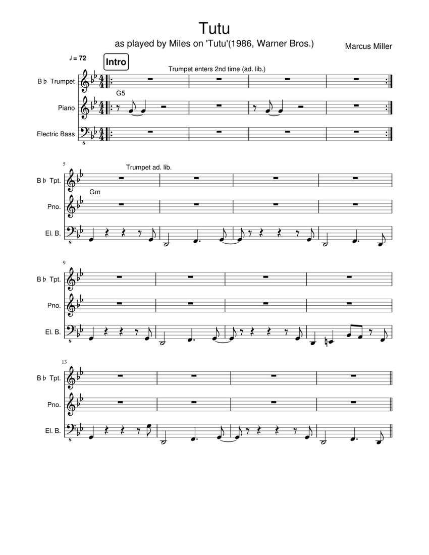 Tutu Sheet music for Piano, Trumpet in b-flat, Bass guitar (Jazz Band) |  Musescore.com