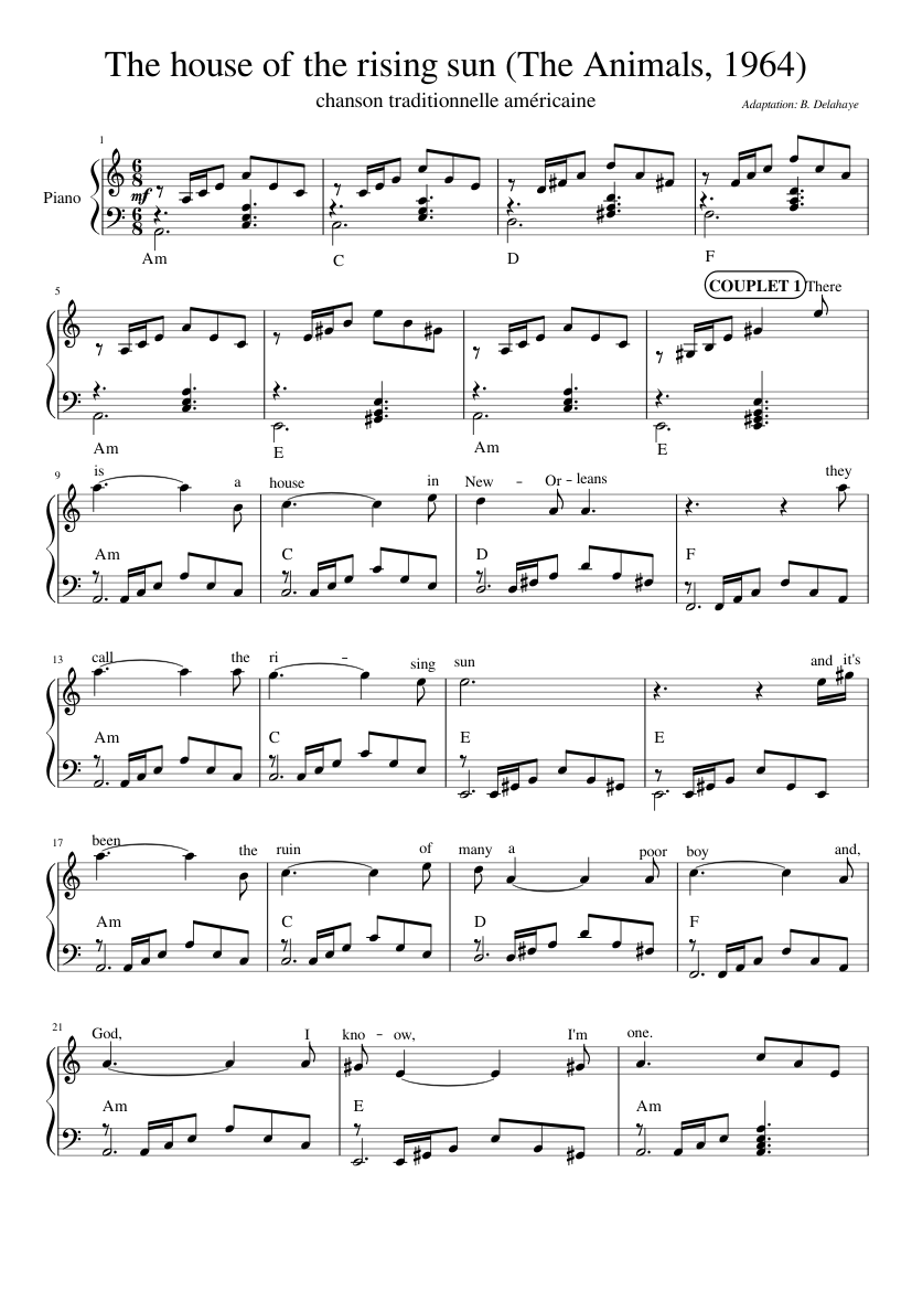 the house of the rising sun Sheet music for Piano, Guitar, Bass guitar,  Drum group & more instruments (Mixed Quintet) | Musescore.com