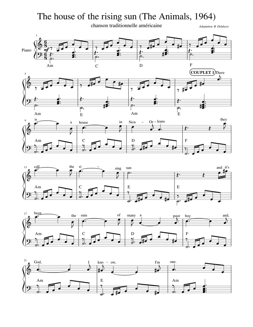 Lyn strimmel Profit the house of the rising sun Sheet music for Piano, Drum Group, Guitar, Bass  & more instruments (Mixed Quintet) | Musescore.com