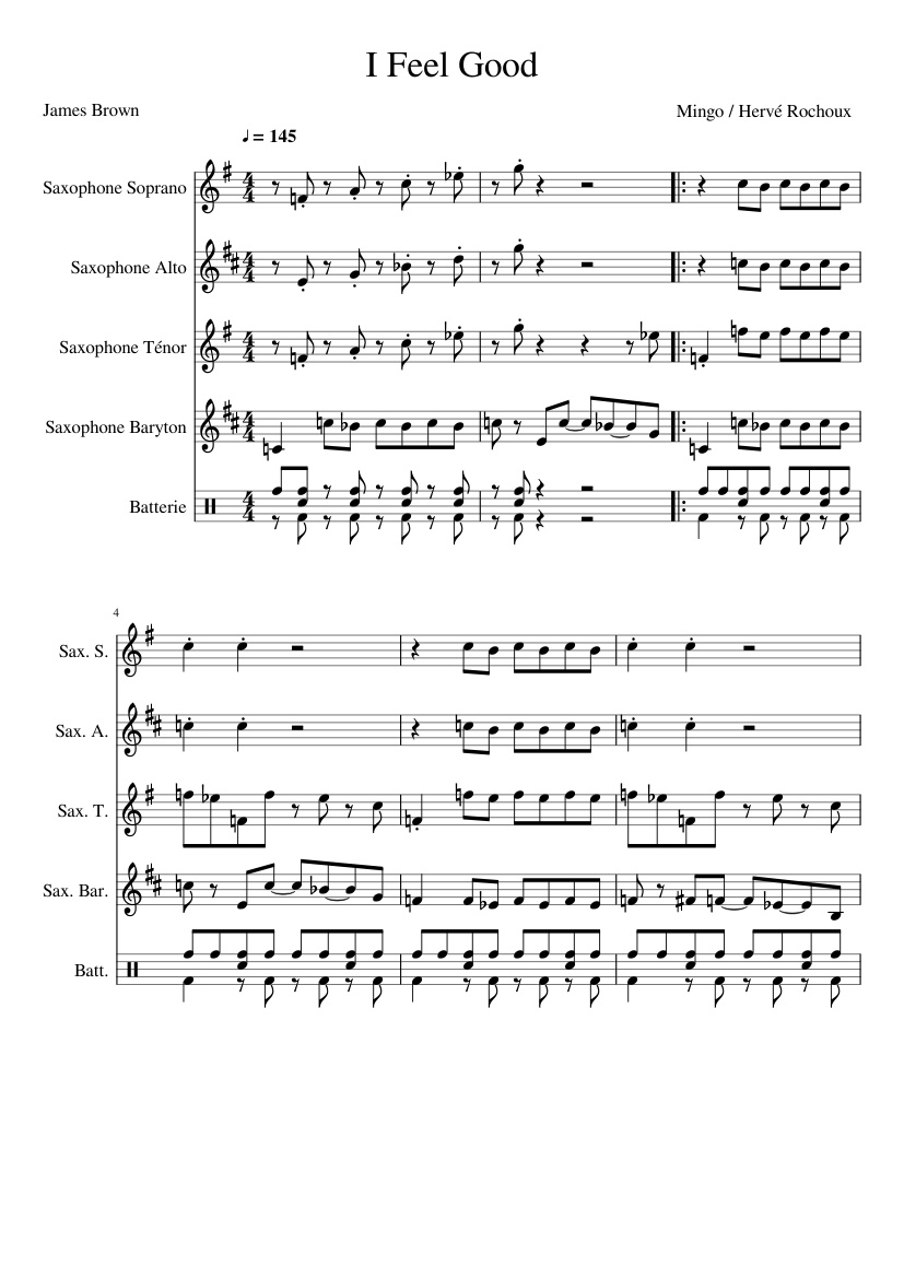 I FEEL GOOD QUATUOR SAX ET DRUMS Sheet music for Saxophone alto ...