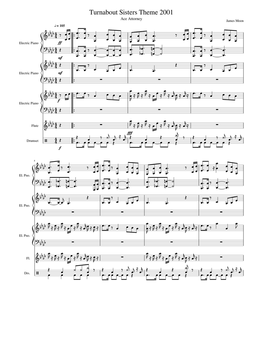 Phoenix Wright Ace Attorney Turnabout Sisters Theme 2001 Sheet Music For Flute Drum Group Piano Mixed Quintet Musescore Com