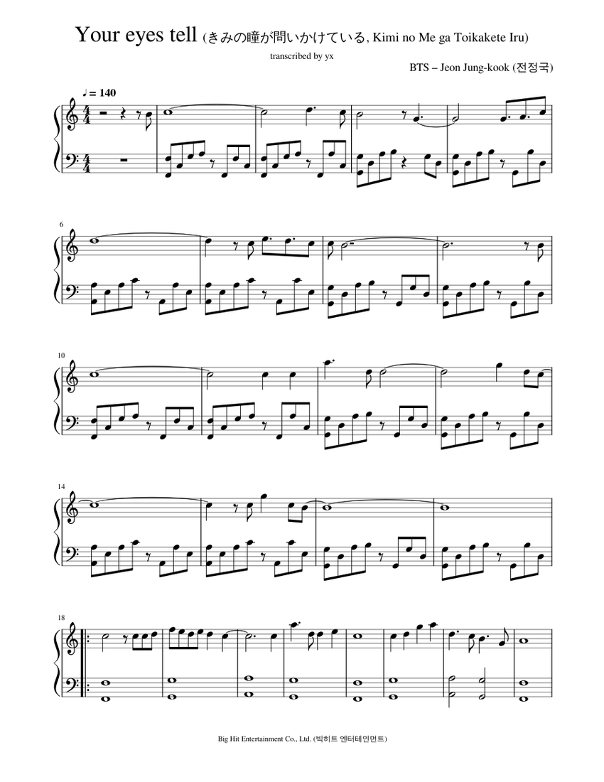 Your Eyes Tell Bts Sheet Music For Piano Solo Musescore Com 📌plot kaori (yuriko yoshitaka) lost her eyesight and family in an accident. your eyes tell bts sheet music for