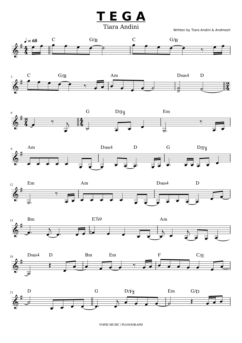 Tiara Andini - Tega (Lead Sheet) 楽譜 コード付き ピアノ (ソロ) | MuseScore.com