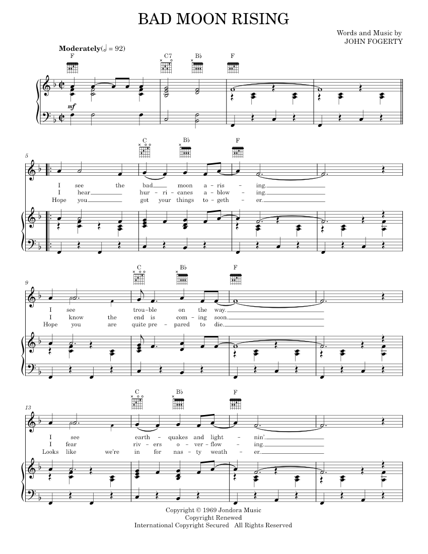 Play Official version of Bad moon rising Sheet Music by Creedence ...