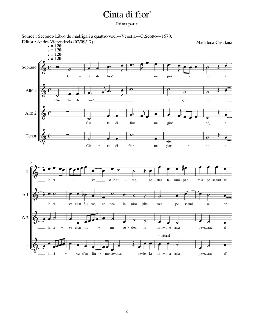 Cinta di fiori un giorno - Maddalena Casulana Sheet music for Piano,  Soprano, Tenor (Mixed Quartet) | Musescore.com