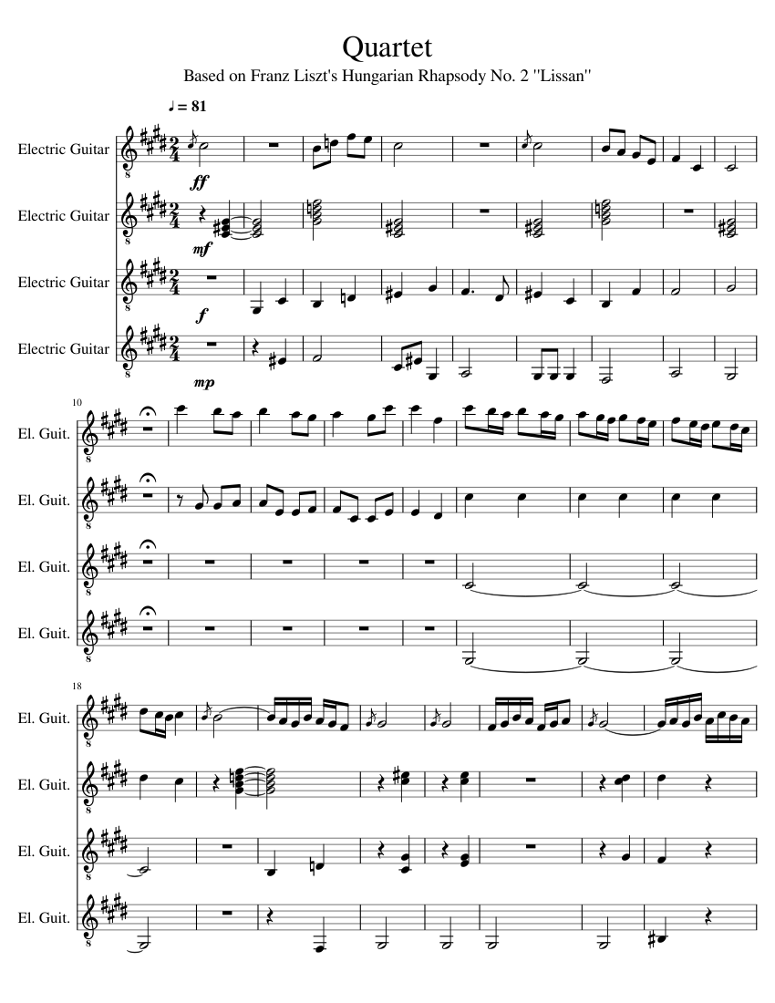 Hungarian Rhapsody No. 2" for Four Electric Guitars Sheet music for Guitar  (Mixed Quartet) | Musescore.com