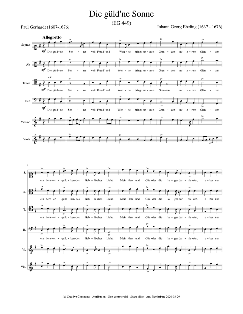 Die gueld'ne Sonne (EG 449) Sheet music for Piano, Violin (SATB