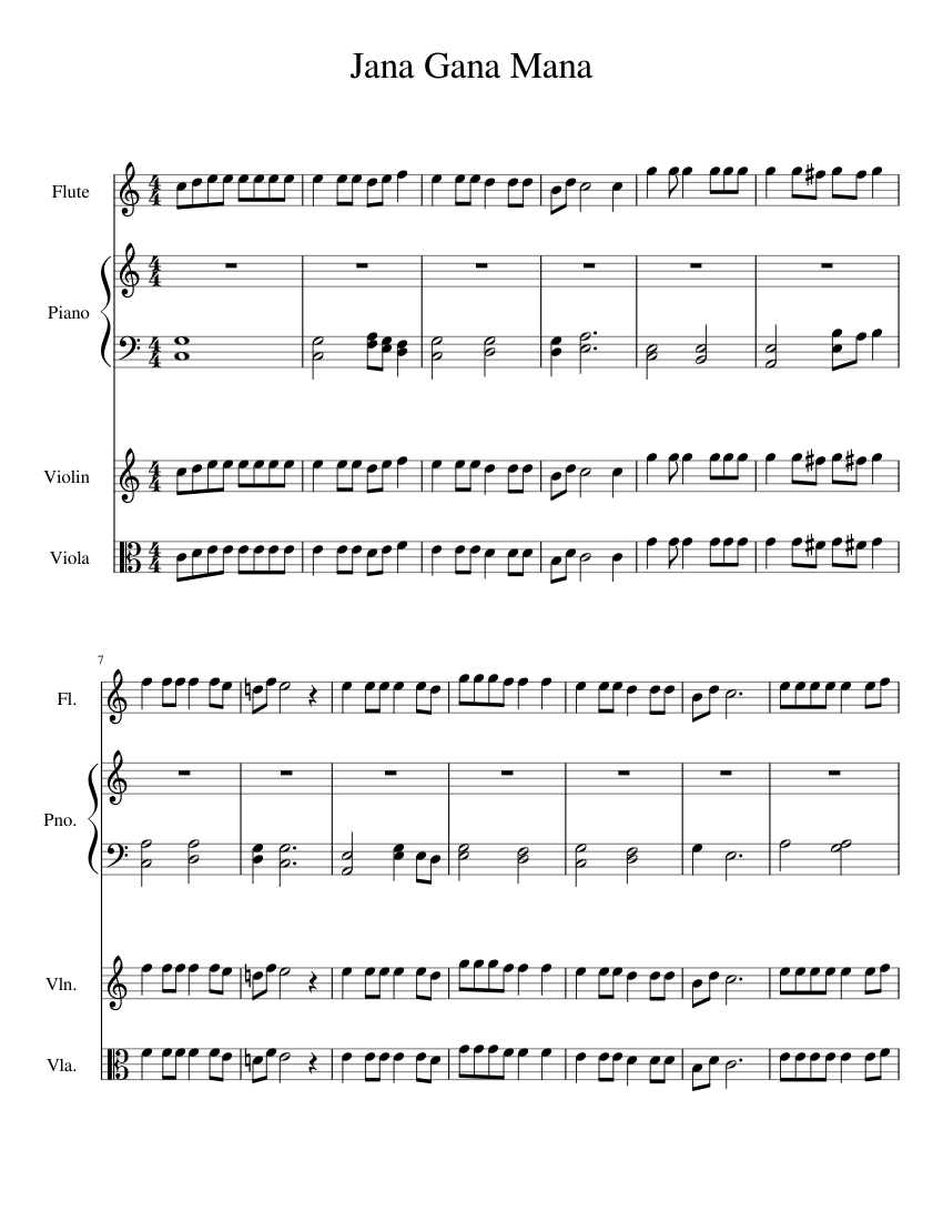 Jana Gana Mana Sheet Music For Piano Violin Flute Viola Mixed Quartet Musescore Com