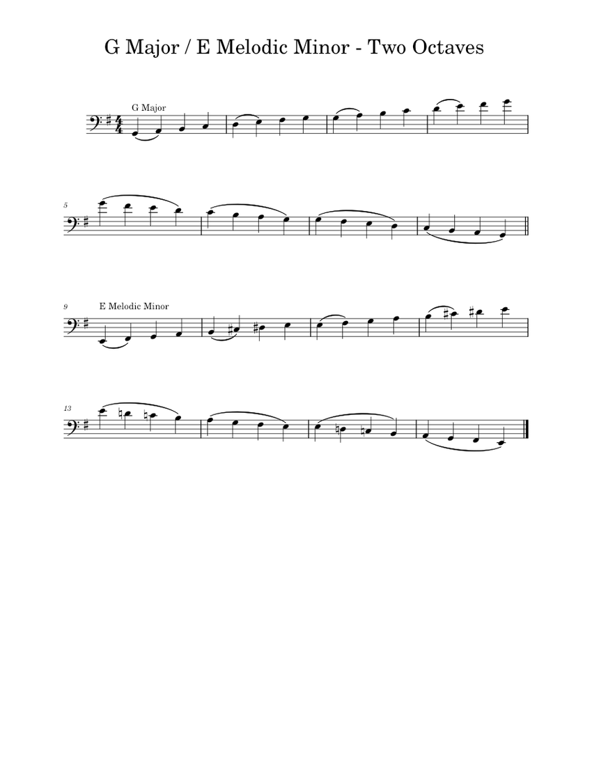G Major And E Melodic Minor Two Octaves Bass Sheet Music For Piano Solo Musescore Com