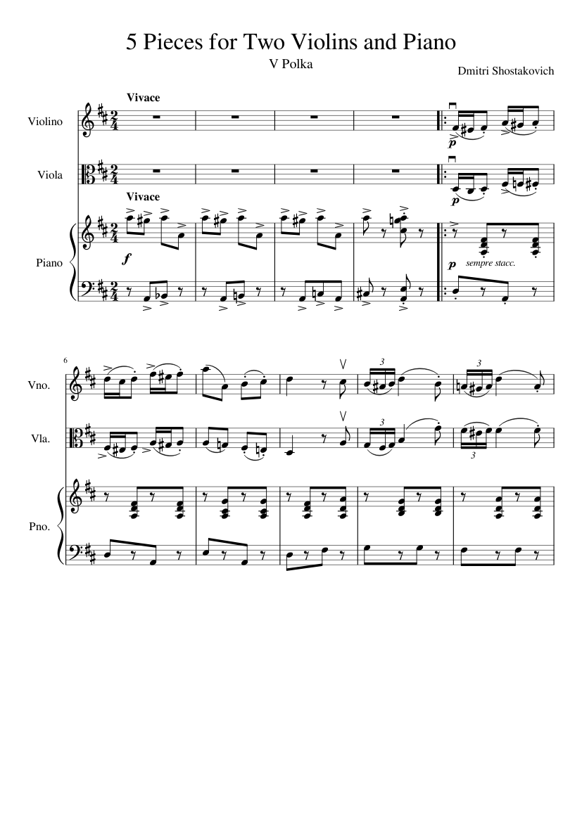 5 Pieces for Two Violins and Piano - V Polka Sheet music for Piano, Violin,  Viola (Mixed Trio) | Musescore.com