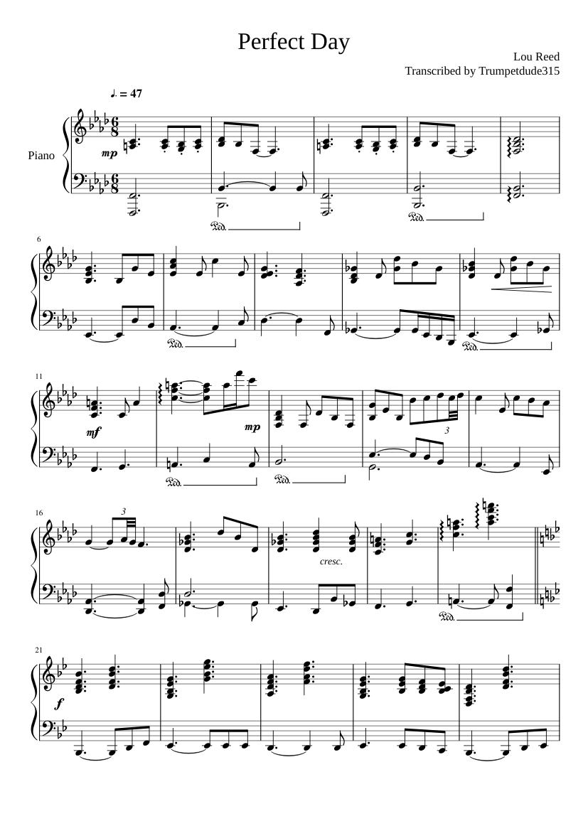 Perfect Day (Lou Reed) (Piano Accompaniment) Sheet music for Piano (Solo) |  Musescore.com