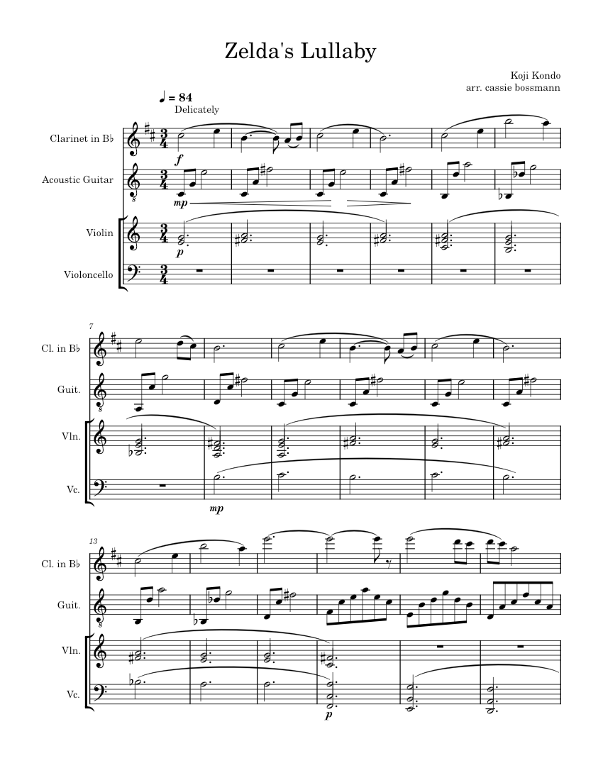 Zelda's Lullaby for Clarinet & Strings Sheet music for Violin, Cello ...
