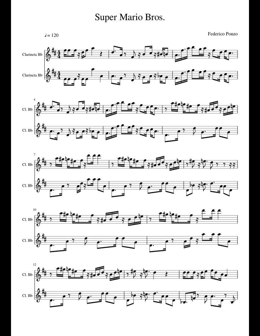 Super Mario Bros. Clarinete Sheet Music For Clarinet In B-flat ...