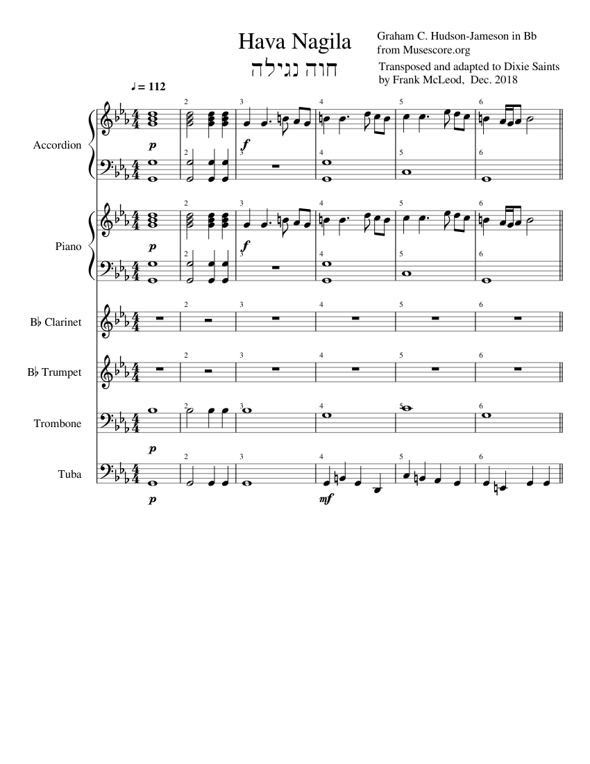 Hava Nagila for Dixieland ensemble Sheet music for Piano, Trombone