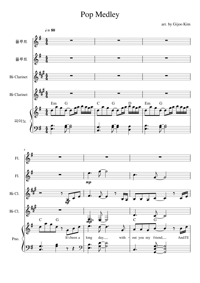 Pop medley - for Breathless (Wind) Sheet music for Piano, Flute, Clarinet  in b-flat (Mixed Quintet) | Musescore.com