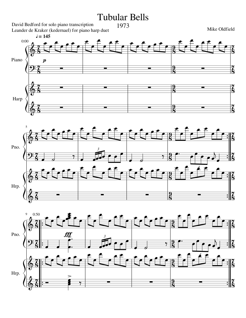 Mike Oldfield - Tubular Bells - piano/harp duet Sheet music for Piano, Harp  (Mixed Duet) | Musescore.com