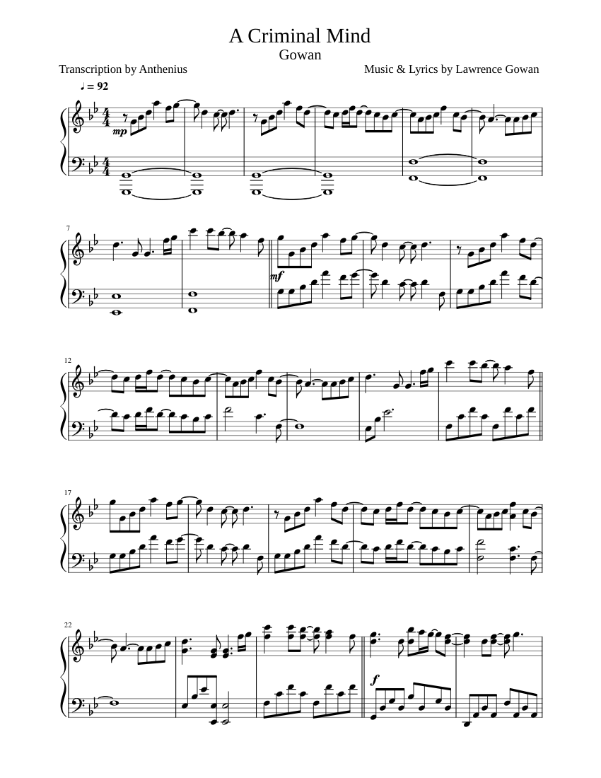A Criminal Mind Gowan Sheet Music For Piano Solo Musescore Com From the first atmospheric piano chords, the audience sat transfixed by lawrence gowan at the industry awards during canadian music week 2009. a criminal mind gowan sheet music for