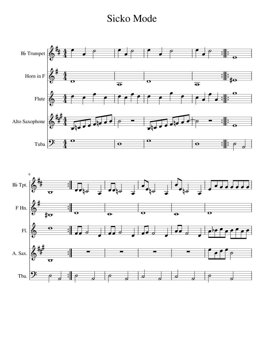 Sicko Mode Sheet music for Tuba, Flute, Saxophone alto, Trumpet in b-flat &  more instruments (Mixed Quintet) | Musescore.com