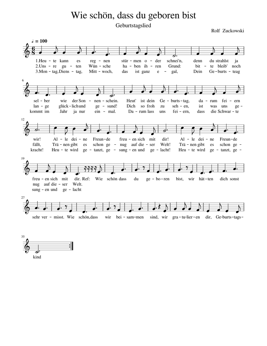 Wie schön, dass du geboren bist - Geburtstagslied Sheet music for Piano