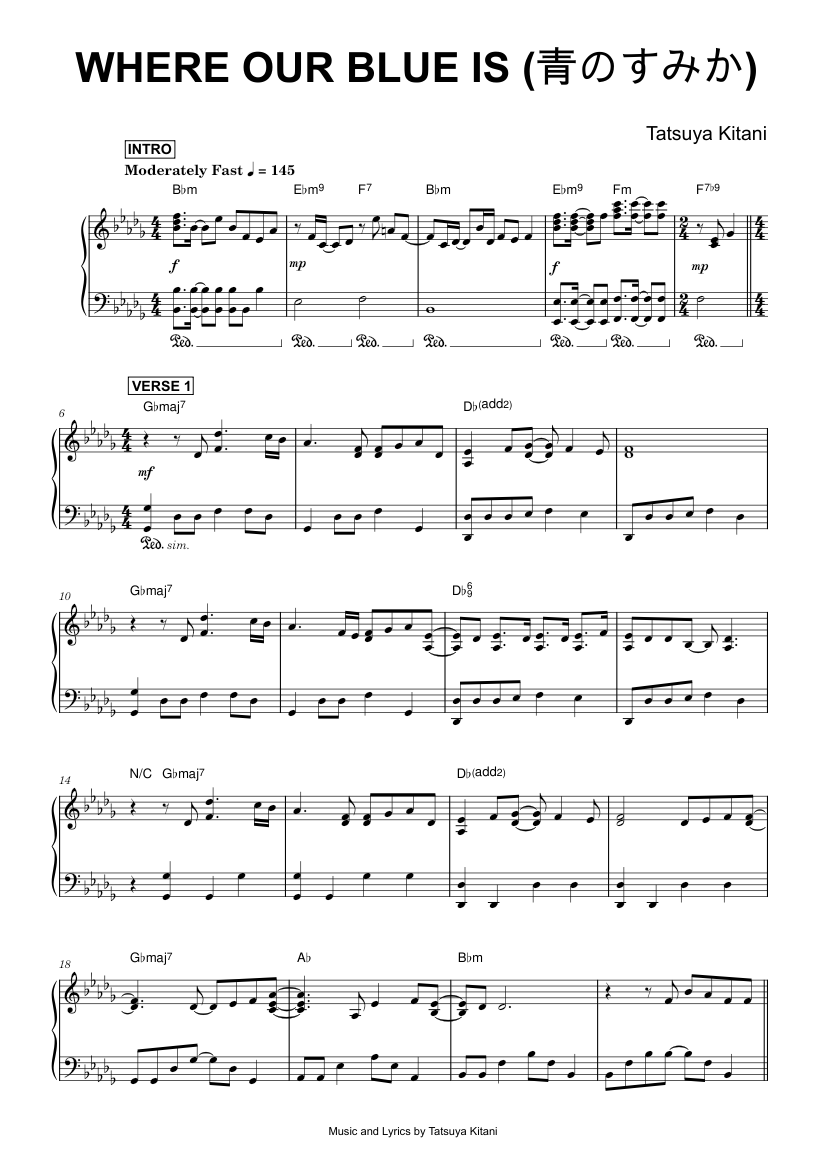 「S.E.N.S.」 ASIAN BLUE　ピアノソロスコア♪ Play Official version of 青のすみか Sheet Music by tatsuya kitani