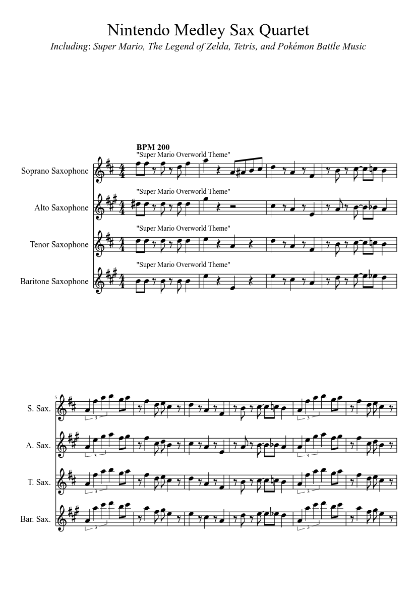 Nintendo Medley Sax Quartet Sheet Music for Saxophone alto, Saxophone ...