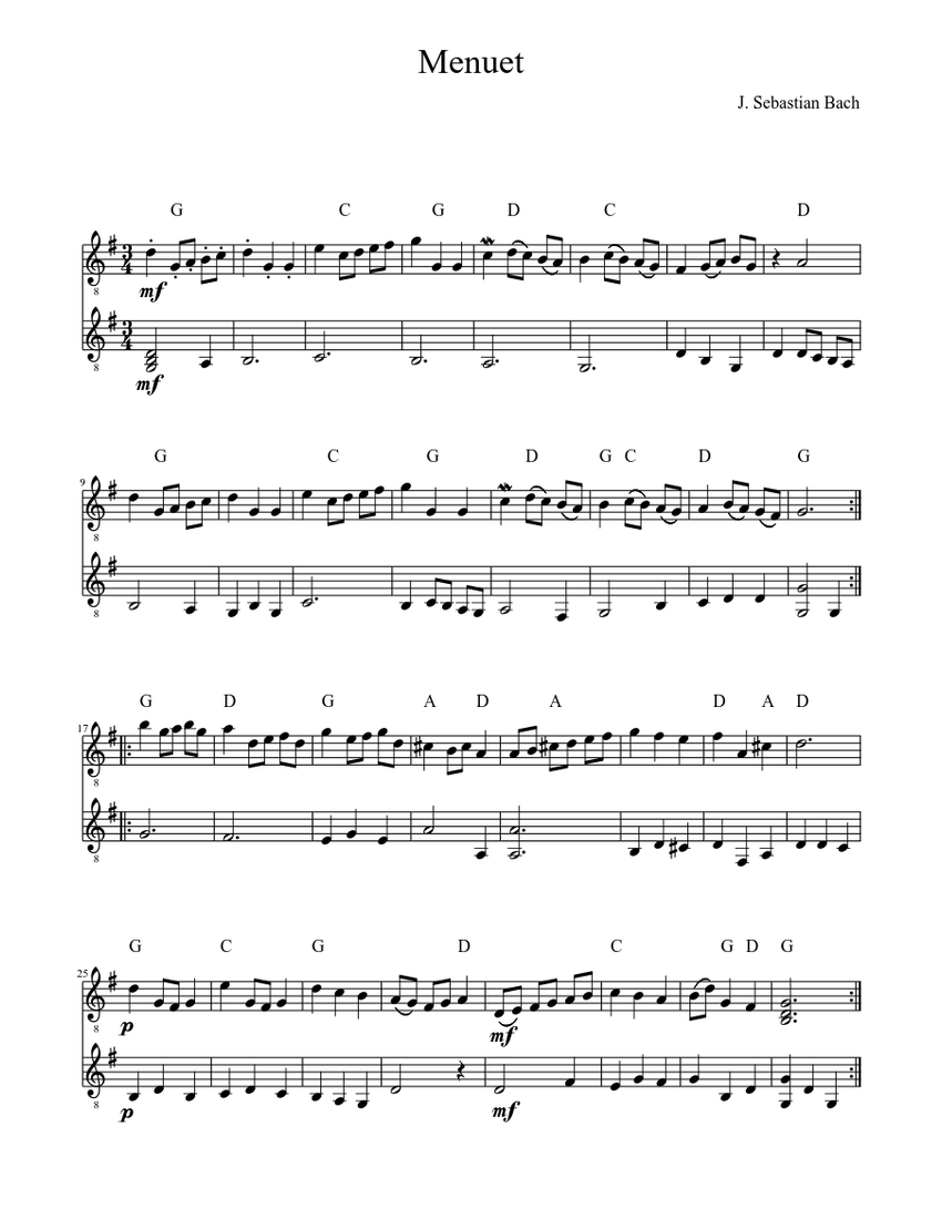 Menuet J.S. Bach for piano with chords Sheet music for Guitar (Mixed ...
