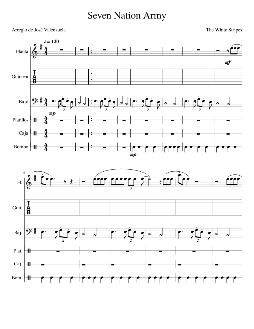 Seven Nation Army Sheet music for Flute, Snare drum, Crash, Guitar
