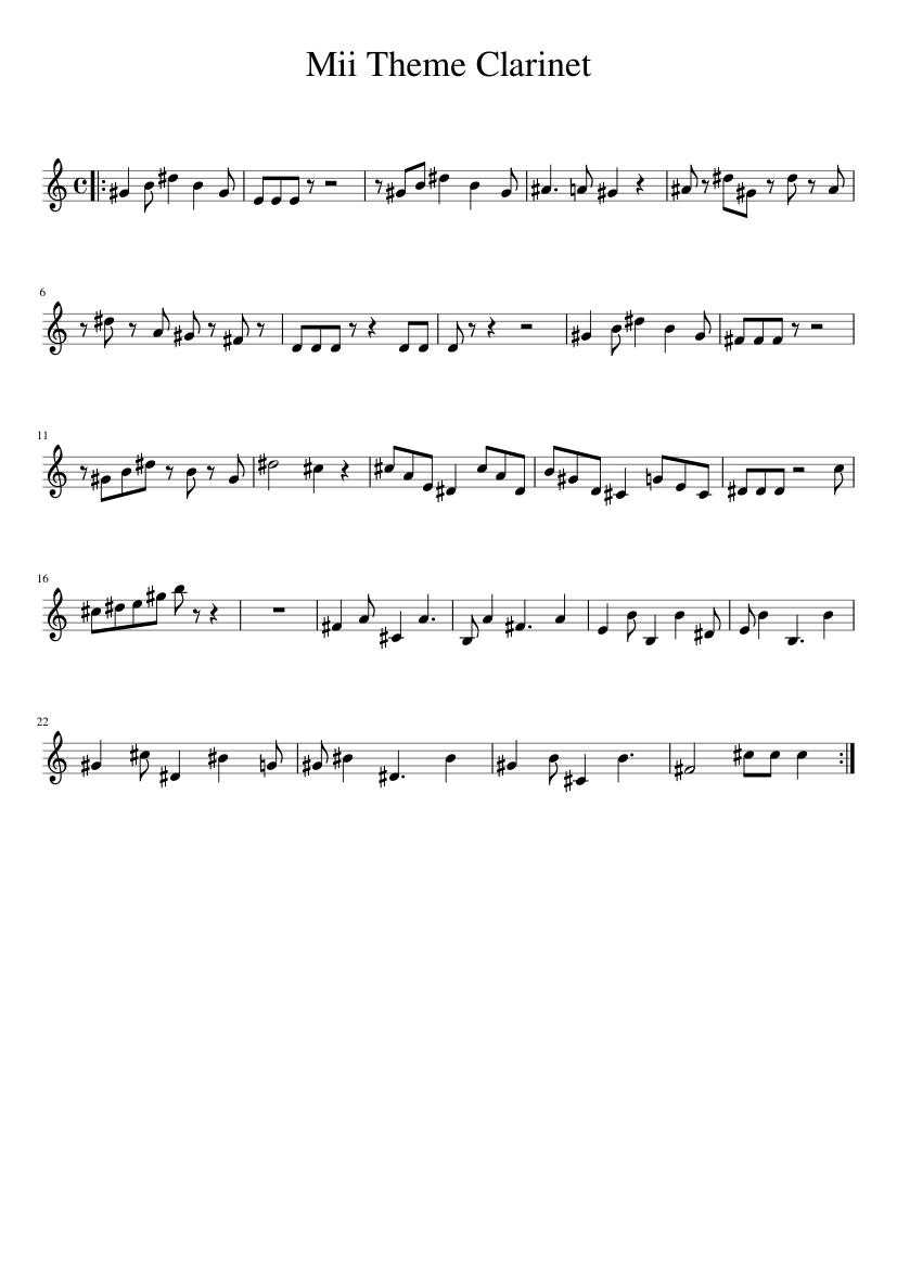 Mii Theme Clarinet Sheet Music for Clarinet in b-flat (Solo ...