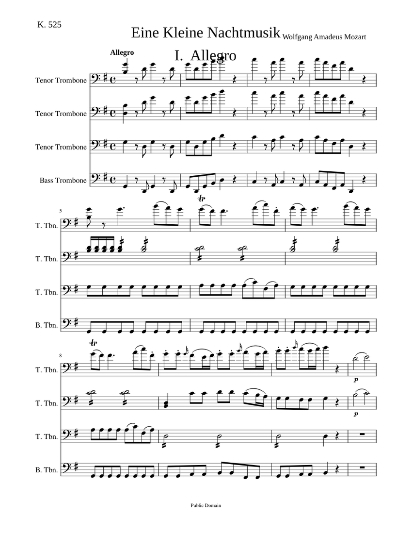 Eine Kleine Nachtmusik Sheet music for Trombone tenor, Trombone bass (Brass Quartet)