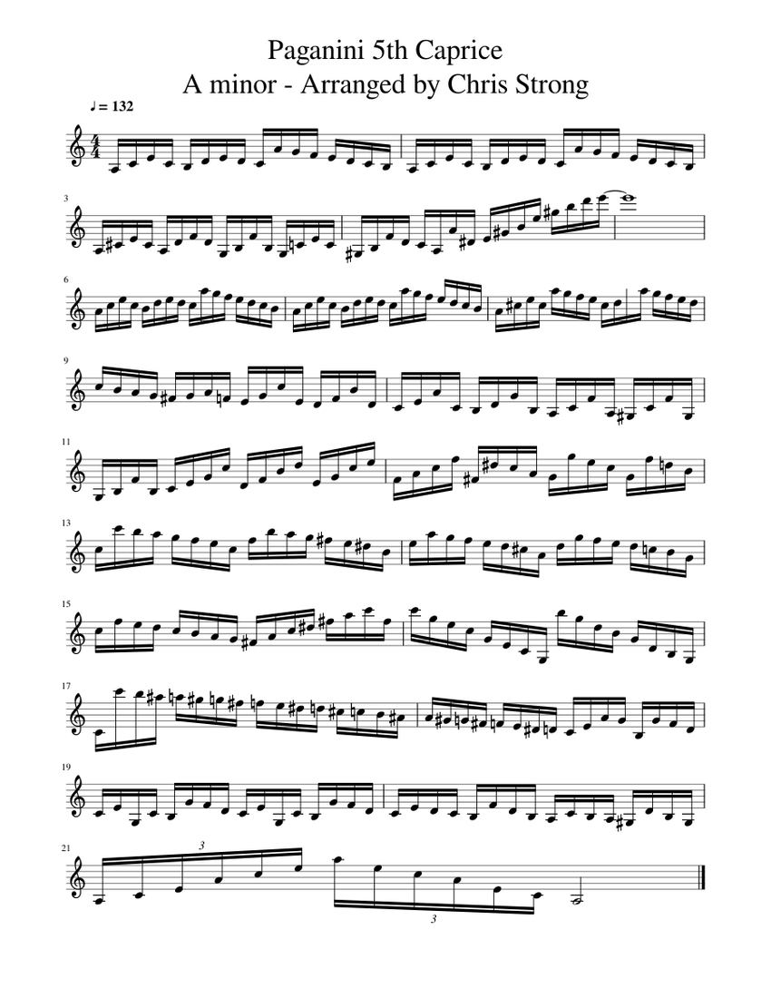 Paganini caprice no 5 in a minor sheet music for piano solo