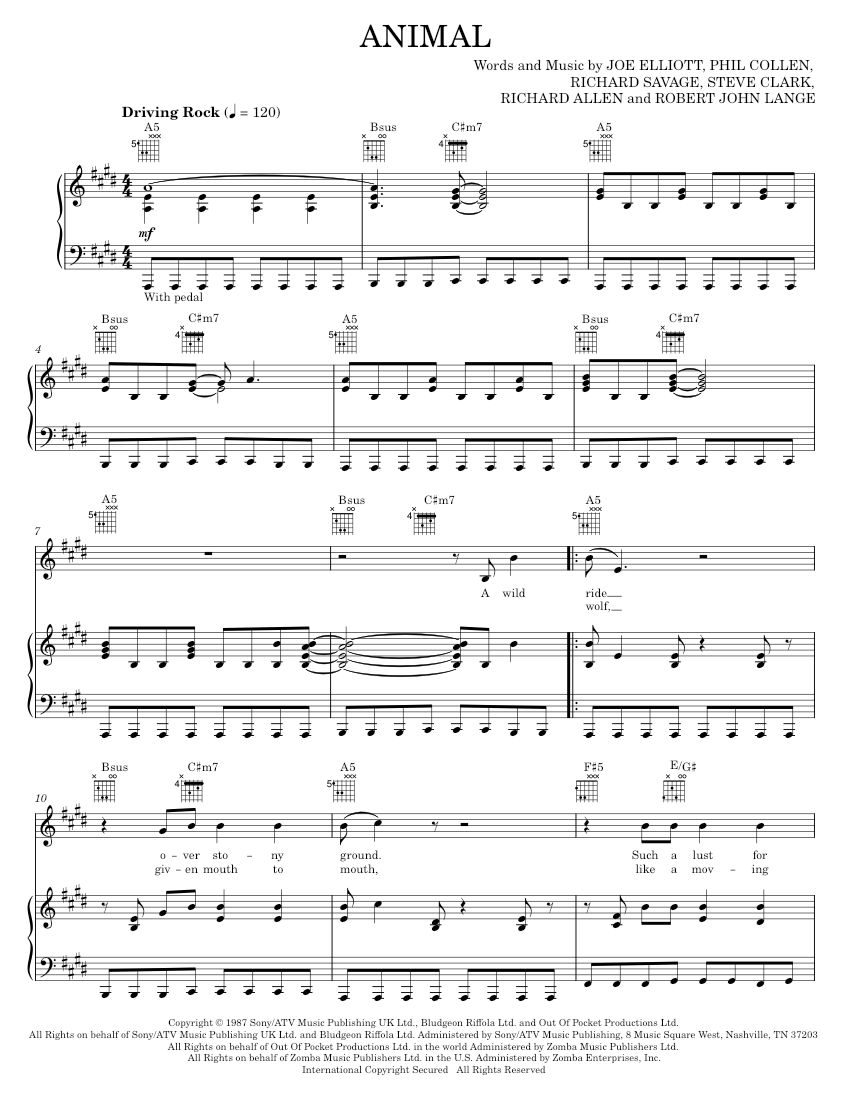 Play Official version of Animal Sheet Music by Def Leppard for