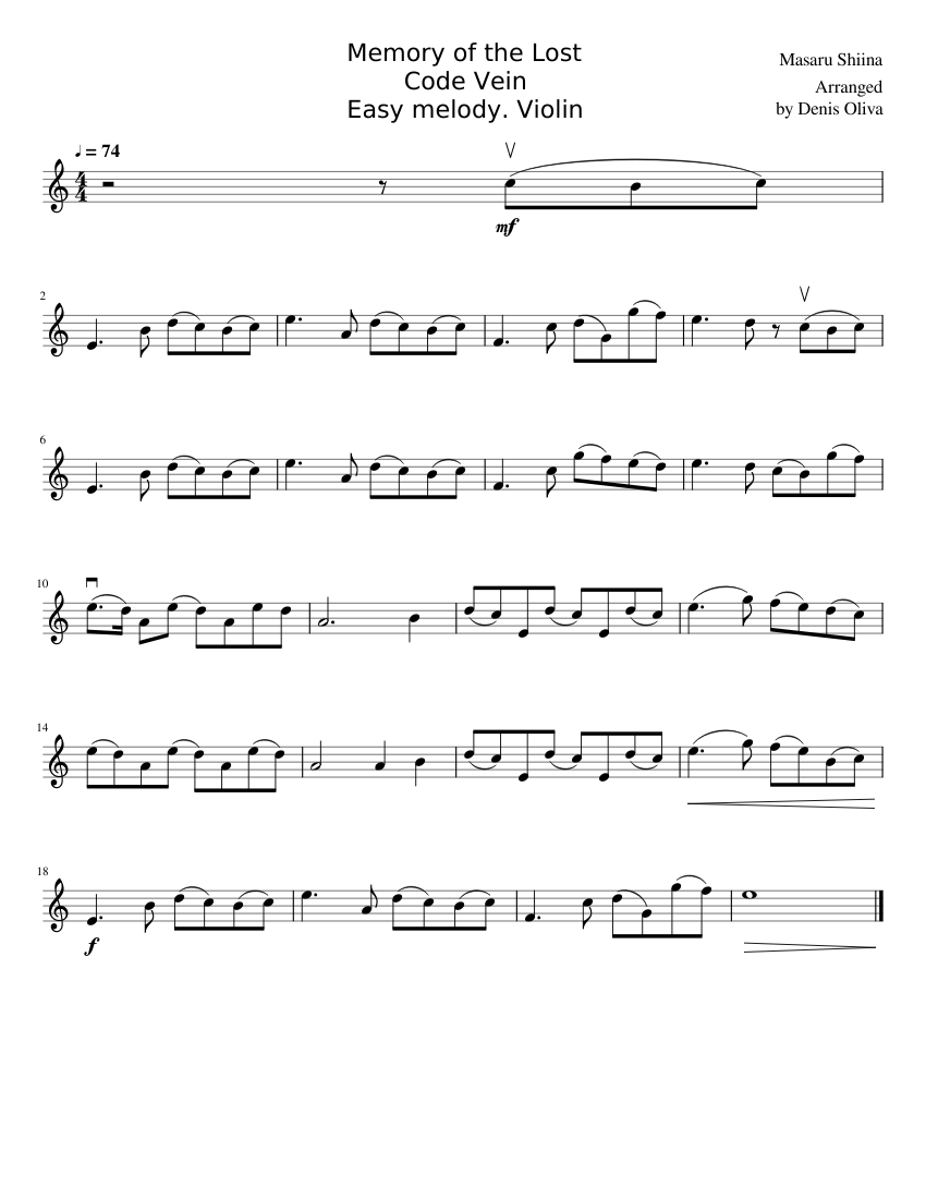 Memory of the Lost Easy melody Violin Code Vein Sheet Music For Violin