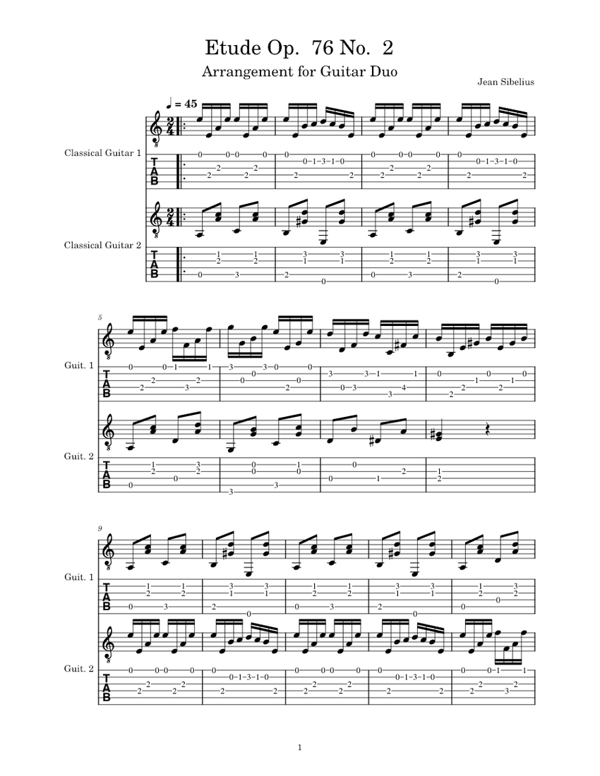 Etude in a minor op76 no2 – Jean Sibelius for guitar duo Sheet music for  Guitar (Mixed Duet) | Musescore.com