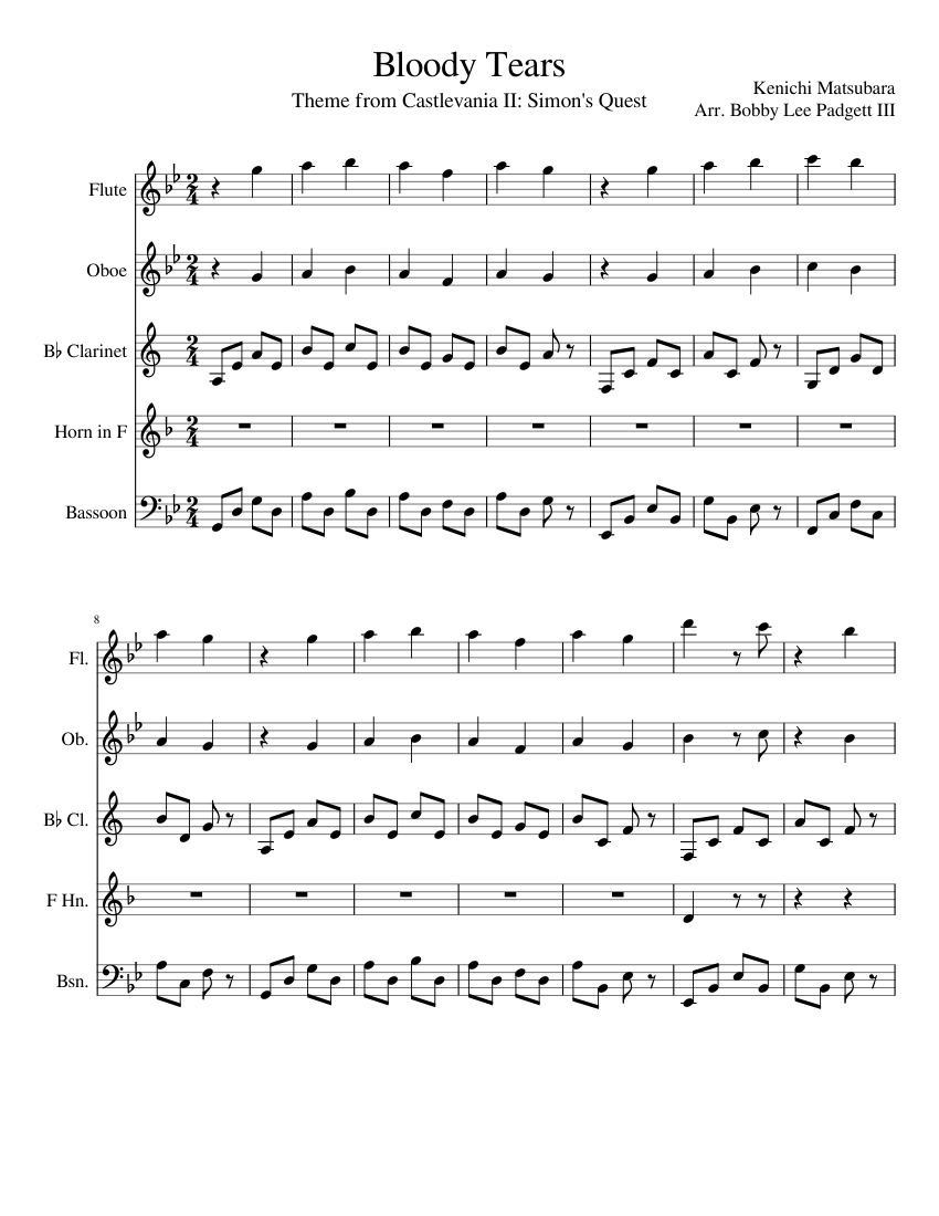 Bloody Tears-Theme from Castlevania II Sheet music for Flute, Oboe,  Bassoon, Clarinet other (Woodwind Quartet) | Musescore.com