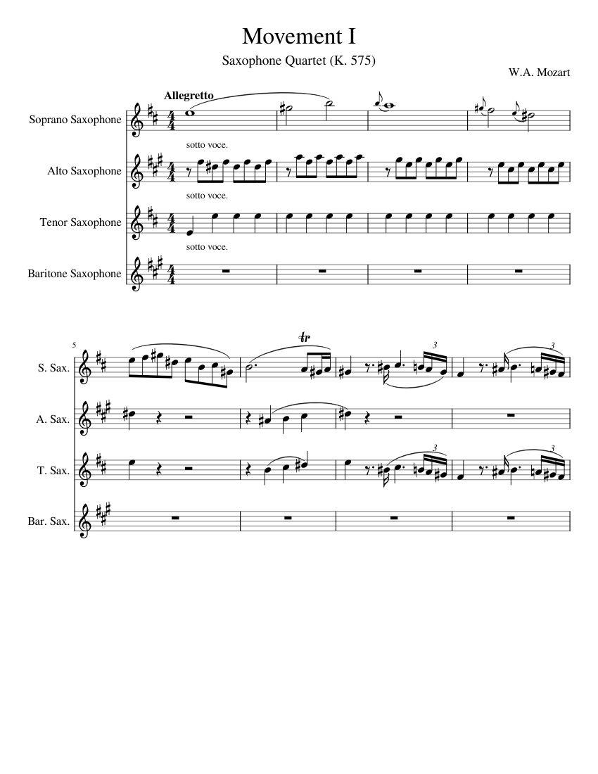 Movement I Sax Quartet Sheet music for Saxophone alto, Saxophone tenor, Saxophone baritone ...