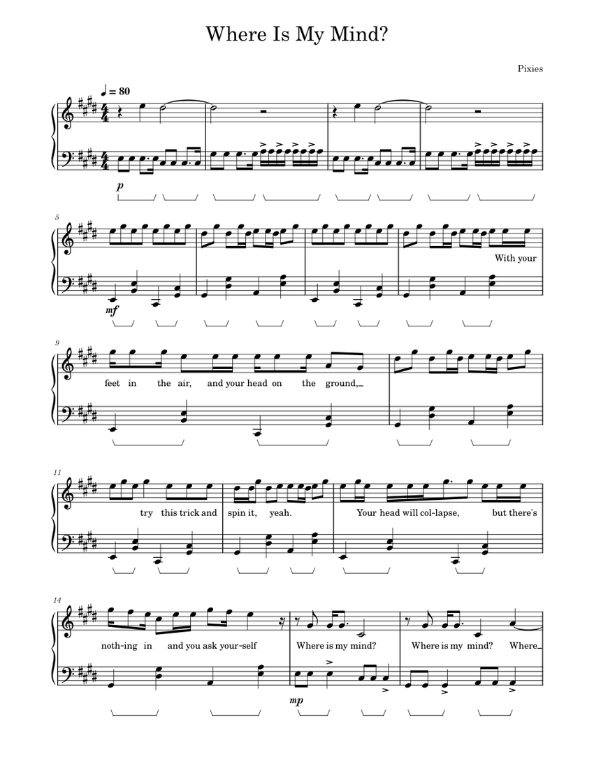 Where Is My Mind Pixies Sheet Music For Piano Solo