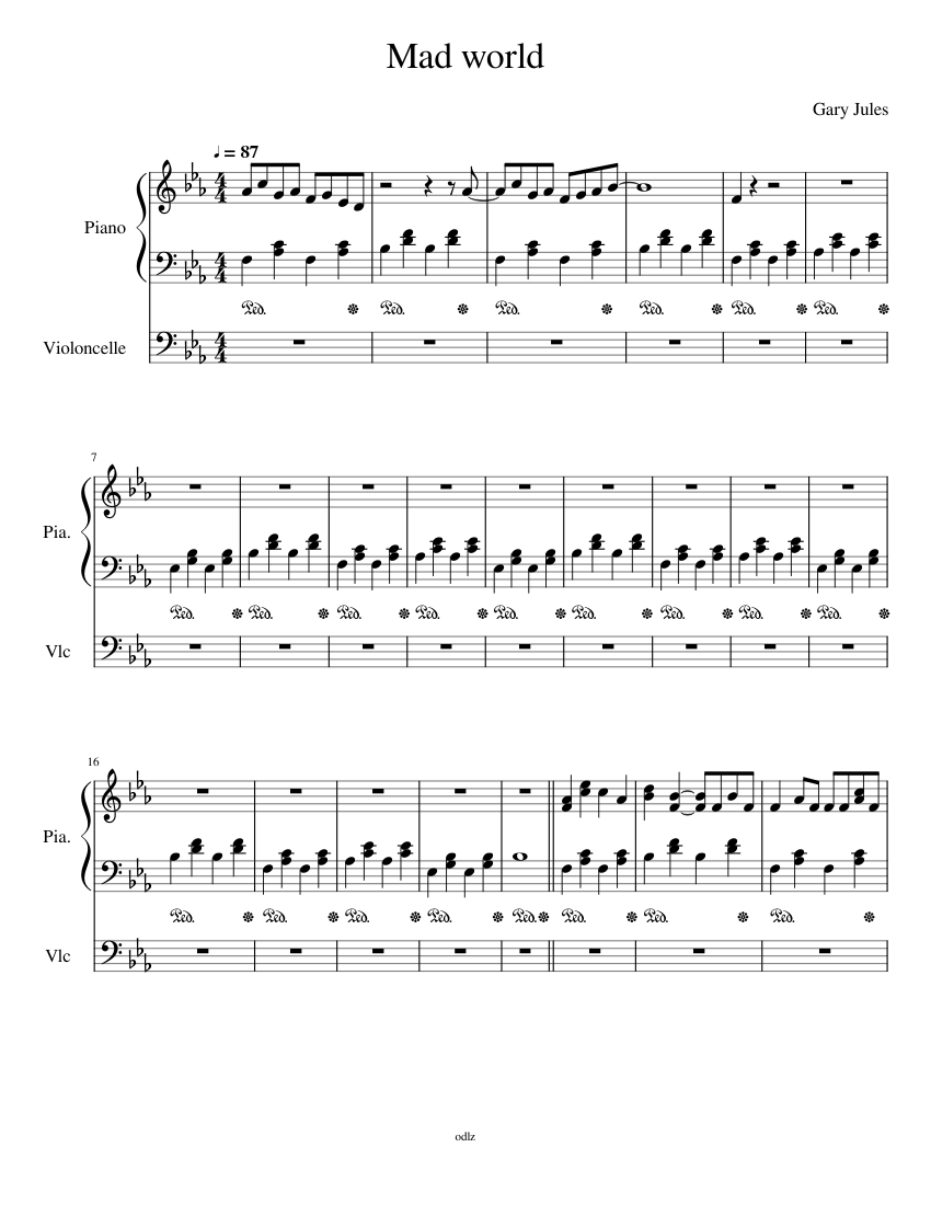 Mad world - Gary Jules Sheet music for Piano, Cello (Solo) | Musescore.com