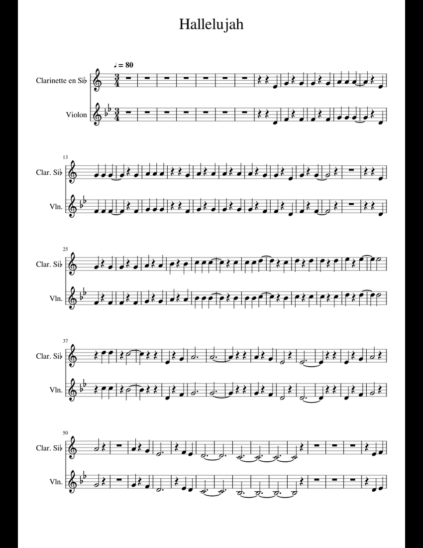 Hallelujah Leonard Cohen Sheet Music For Clarinet In B-flat, Violin ...