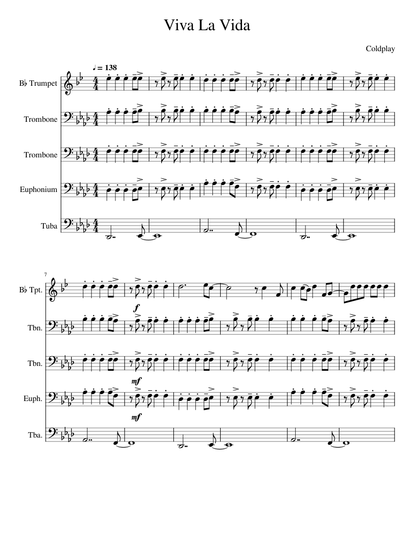 Viva La Vida (Brass Quintet) Sheet Music For Trombone, Euphonium, Tuba ...