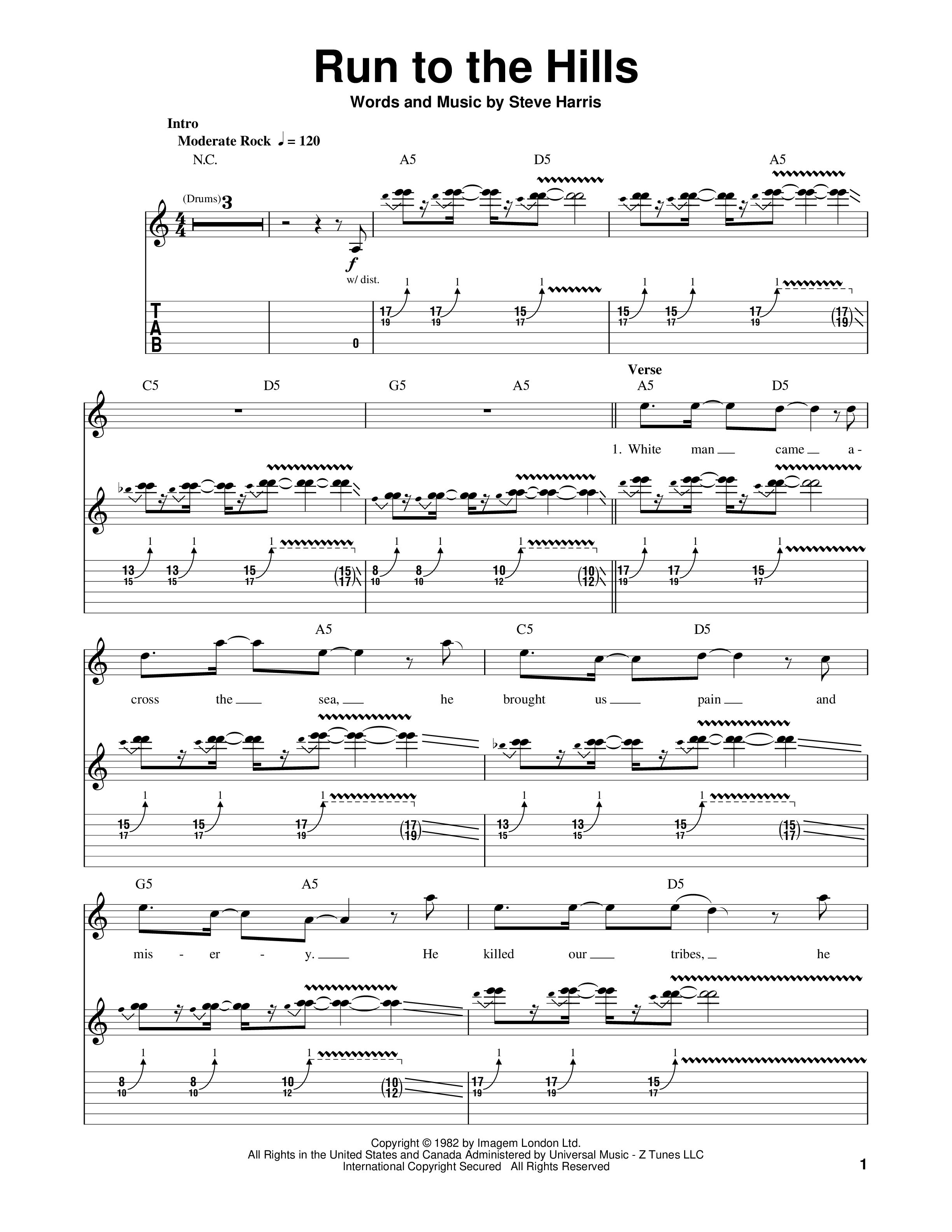 Run to the hills の公式楽譜を演奏する by Iron Maiden ギター