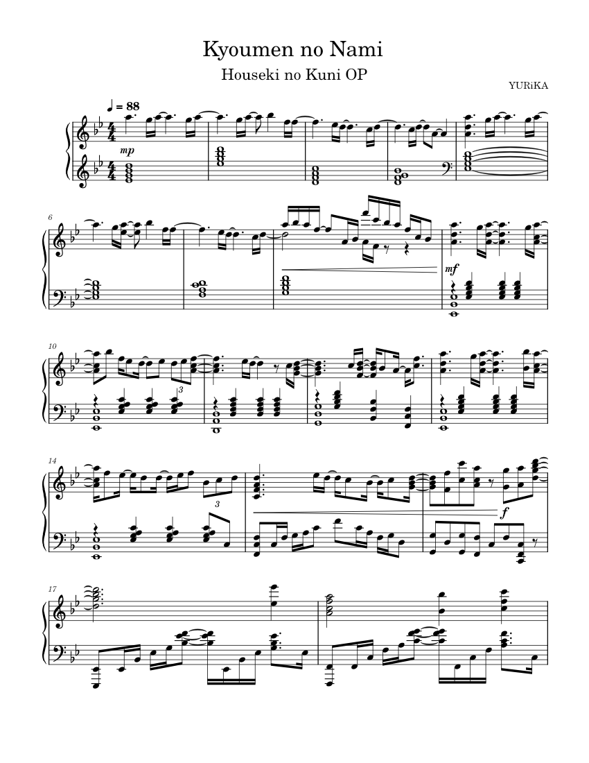 Kyoumen no Nami - YURiKA (Updated) Sheet music for Piano (Solo) |  Musescore.com