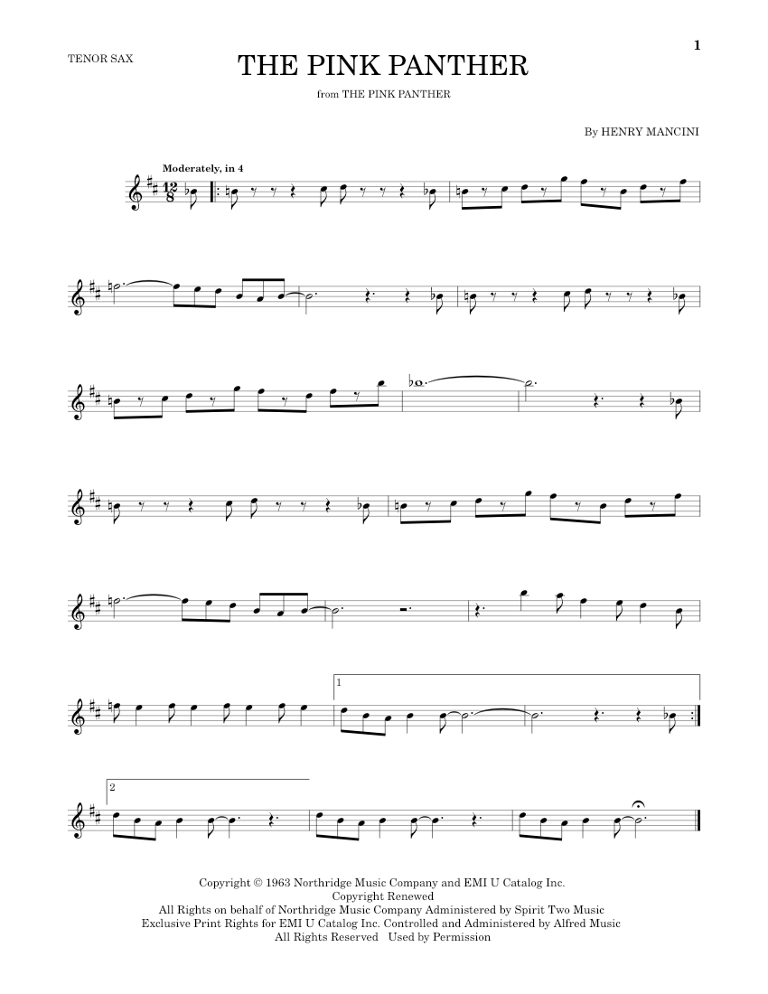 The Pink Panther Theme Sheet music for Saxophone tenor by Henry Mancini ...