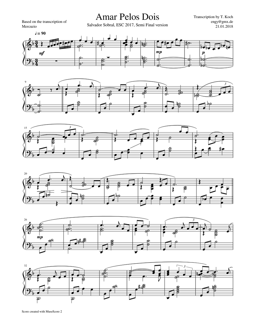 Amar Pelos Dois Sheet music for Piano (Solo) | Musescore.com