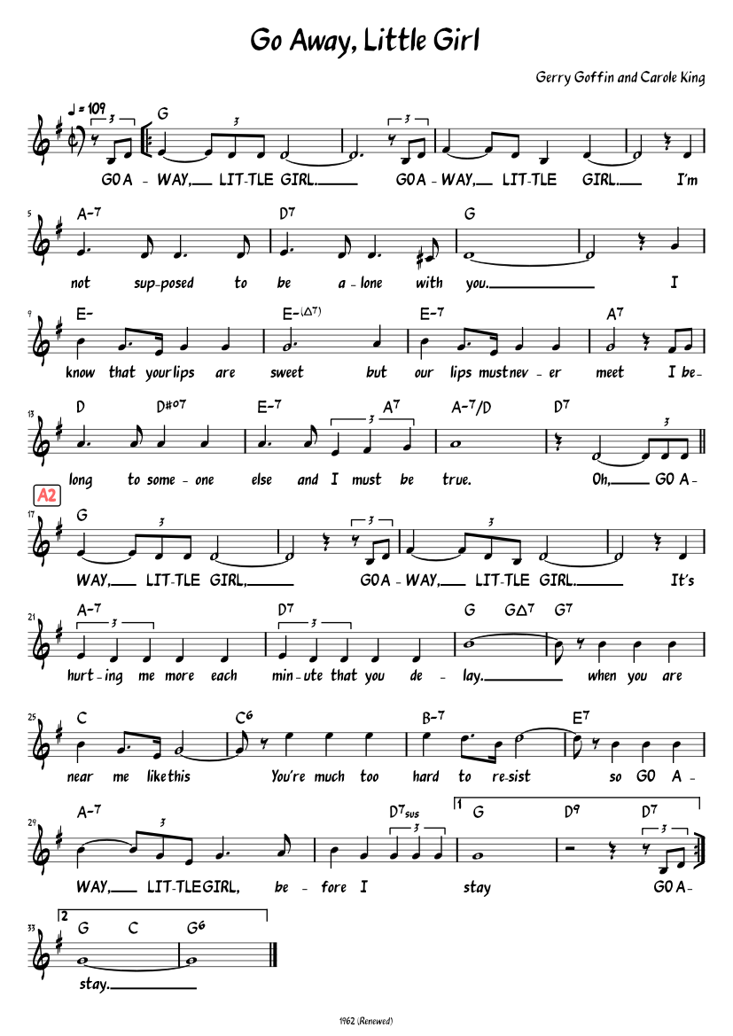 ゴー・アウェイ・リトル・ガール 楽譜 コード付き ピアノ (ソロ) easy