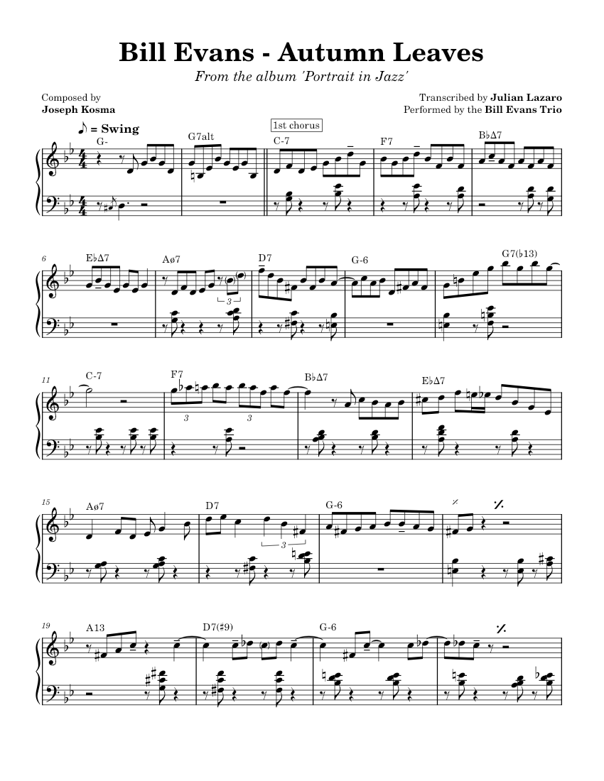 Autumn leaves – Bill Evans – Piano solo transcription Sheet music for Piano (Solo) | Musescore.com