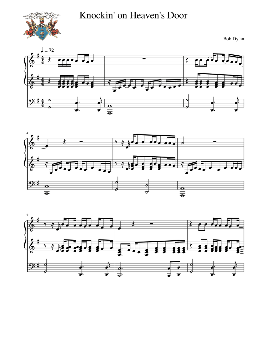 Knockin On Heaven S Door Bob Dylan Sheet Music For Piano Piano Duo Musescore Com