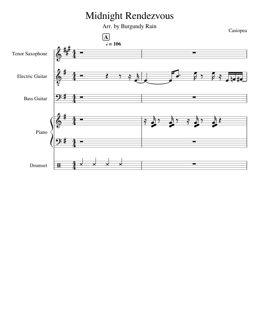 Midnight Rendezvous (WIP) Sheet music for Piano, Saxophone tenor, Guitar,  Bass guitar & more instruments (Jazz Band) | Musescore.com