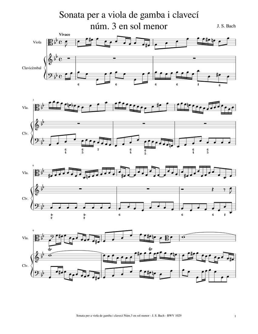 BWV 1029 Sonata per a viola de gamba i clavecí núm. 3 en sol menor Sheet  music for Harpsichord, Viola (Mixed Duet) | Musescore.com